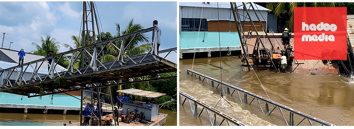 Chiếc chẹt có cần cẩu tự chế trong lúc di chuyển nhịp cầu sắt dài 12m đã gặp sự cố - Ảnh: Người dân cung cấp