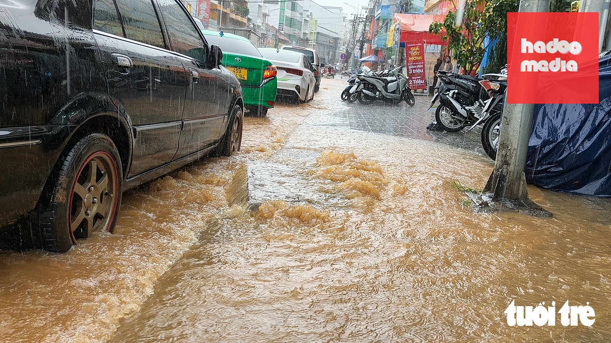 Nước trào lên từ hệ thống cống dọc đường Phan Đình Phùng (Đà Lạt) - Ảnh: M.V.