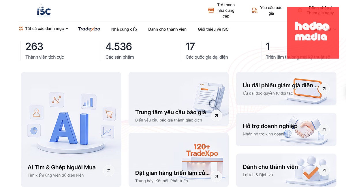 ISC Platform lấy doanh nghiệp làm hạt nhân, thiết lập quy trình kết nối thực chất từ nhu cầu thực tế của thị trường, tìm kiếm nguồn lực, ghép nối đối tác cho đến thương mại hóa kết quả nghiên cứu dựa trên nền tảng trí tuệ nhân tạo AI - Ảnh chụp màn hình giao diện nền tảng