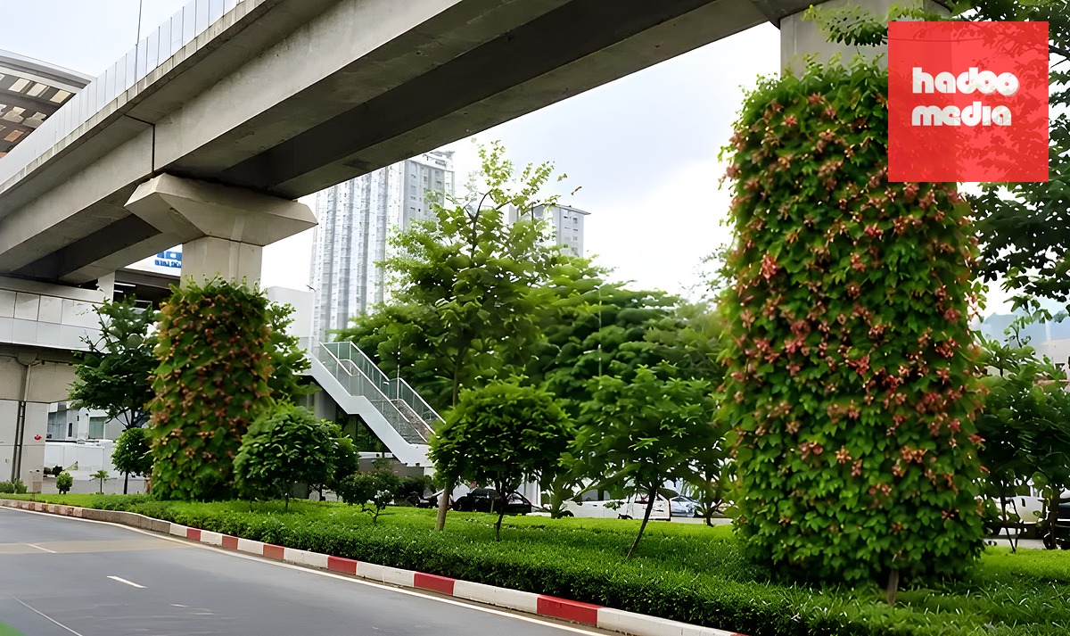 Phối cảnh trồng cây leo quanh trụ cầu đường sắt tuyến Cát Linh - Hà Đông, tại khu vực đường Nguyễn Trãi (trước tòa nhà Royal city).