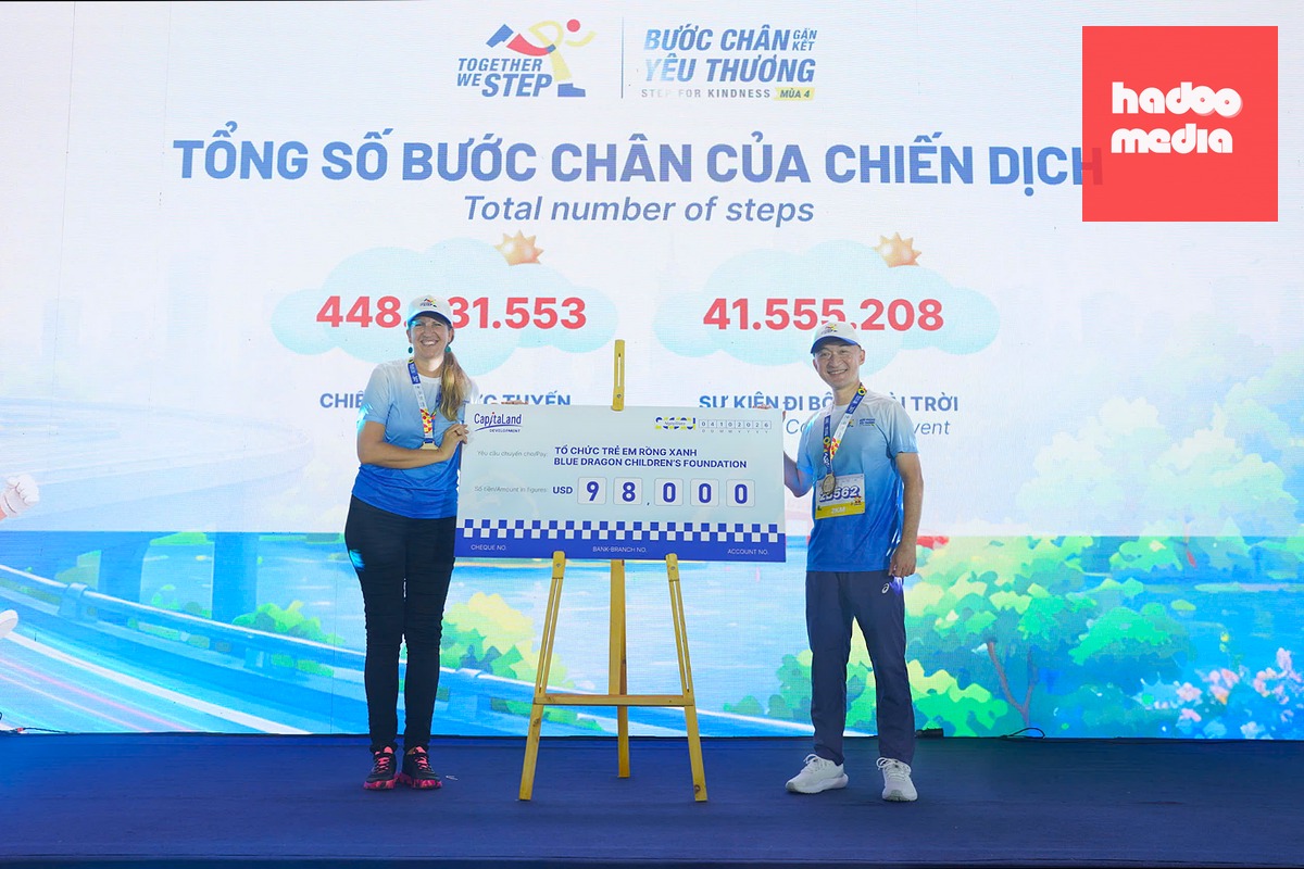 Ông Tan Tze Wooi, Tổng Giám đốc CapitaLand Development (Việt Nam), trao tặng gói hỗ trợ 98.000 USD từ Quỹ CHF cho bà Skye Maconachie, Đồng Giám đốc Điều hành Tổ chức Trẻ em Blue Dragon, nhằm thúc đẩy giáo dục và phát triển kỹ năng cho trẻ em và thanh thiếu niên yếu thế - Ảnh: CapitaLand