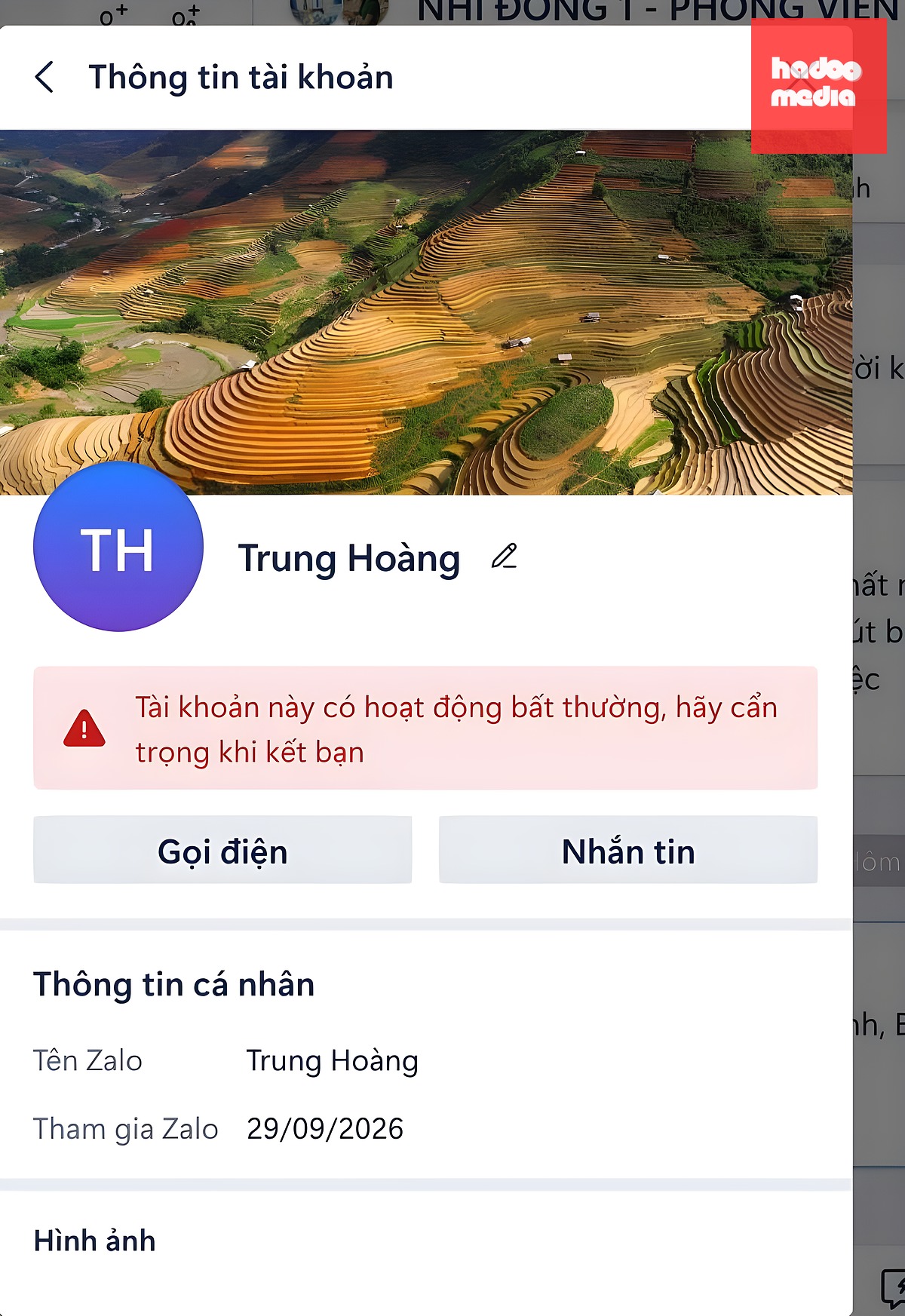 Zalo của "anh Hoàng". Ảnh: Người dân cung cấp