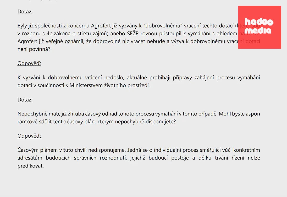 Vyjádření SFŽP v listopadu 2025.