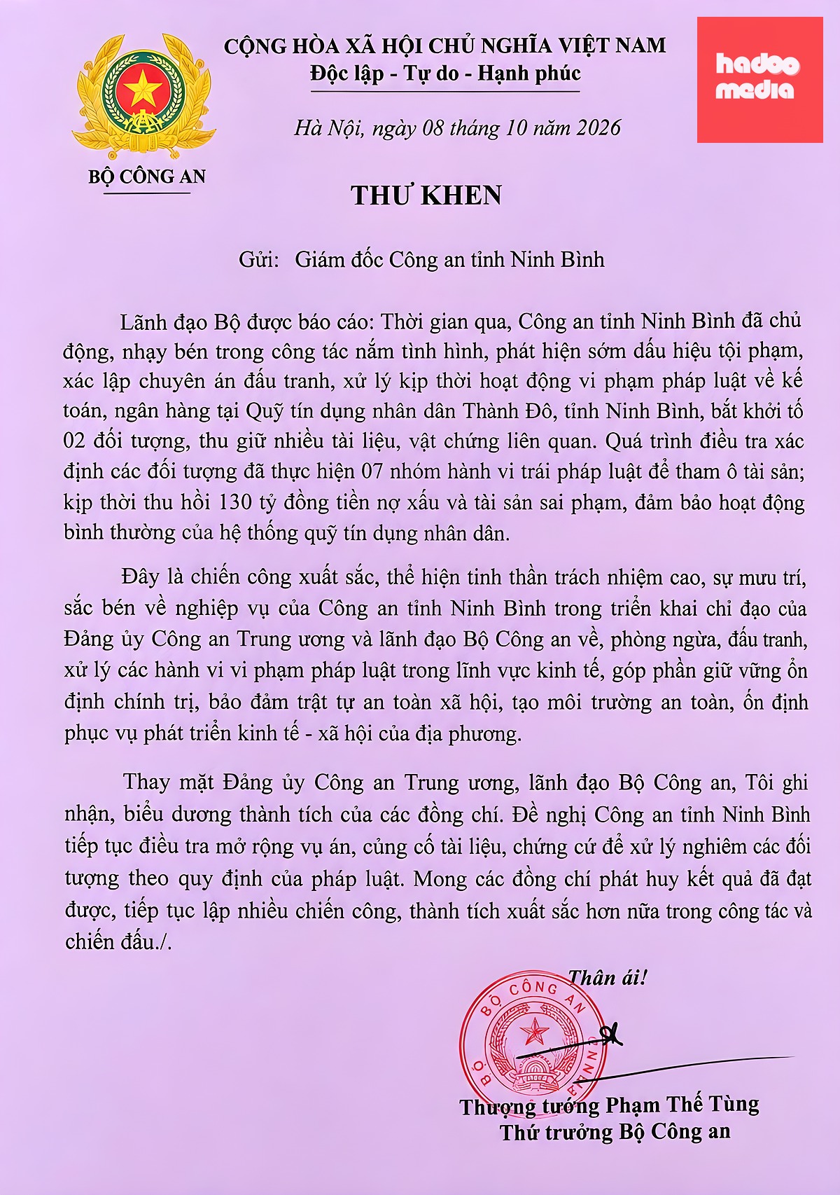 Thư khen của Bộ Công an gửi Công an tỉnh Ninh Bình
