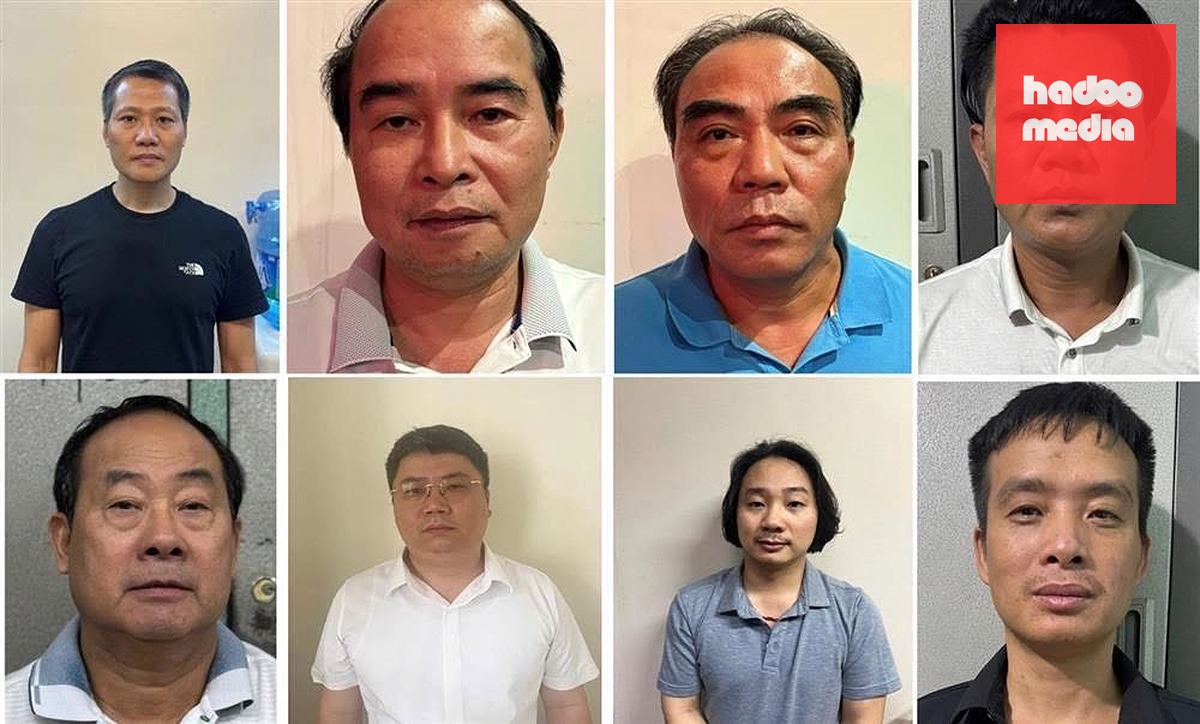 Cựu Tổng giám đốc Bùi Thanh Bình (hàng trên, bìa trái) và một số bị can trong vụ án - Ảnh: Bộ CA