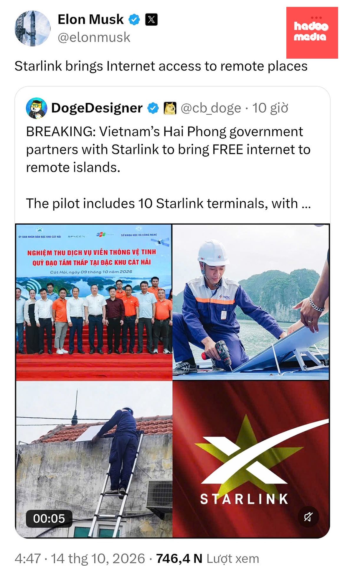 Tỉ phú Elon Musk chia sẻ trên mạng xã hội X bài viết về chương trình hợp tác giữa chính quyền Hải Phòng và Starlink nhằm đưa Internet vệ tinh đến các đảo xa.