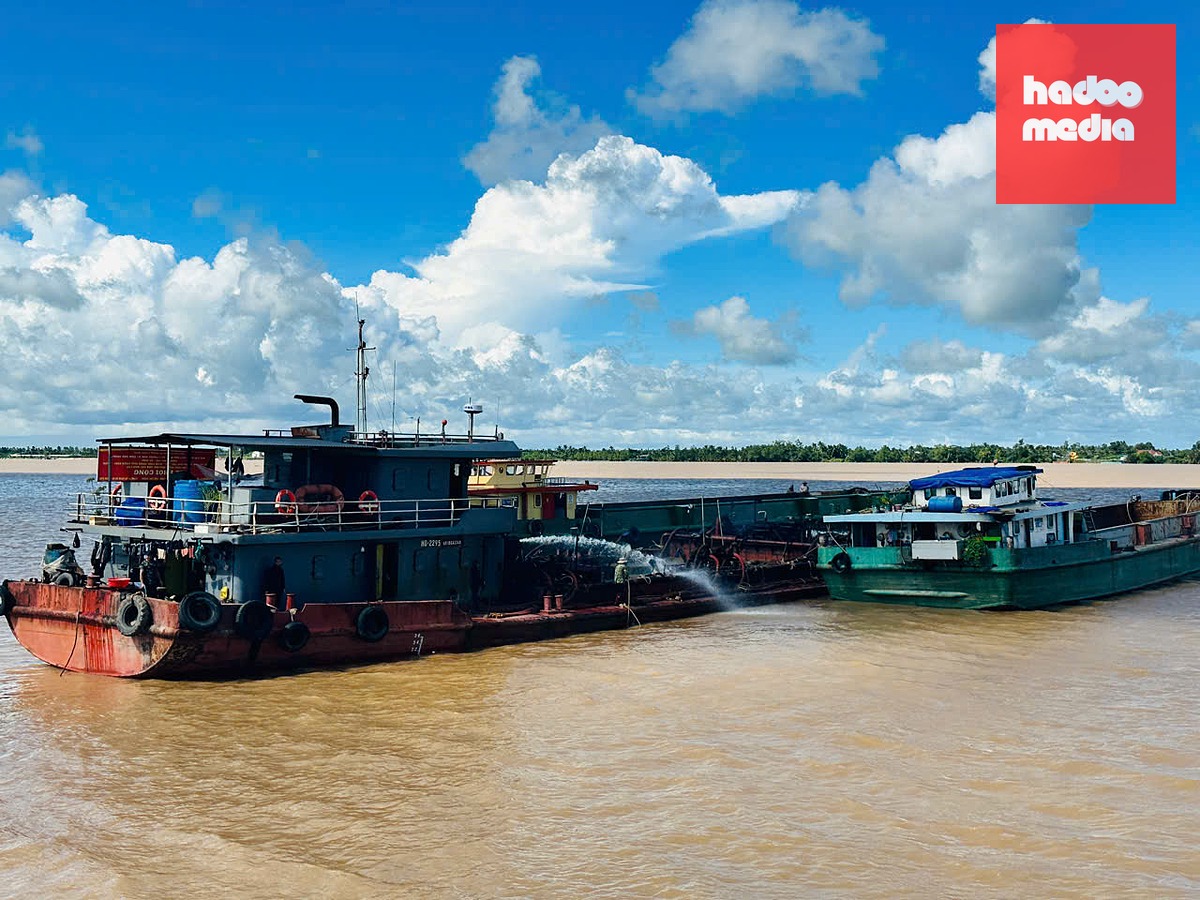 Cát biển được rửa mặn rồi chở đến công trường phục vụ san lấp - Ảnh: H.P.