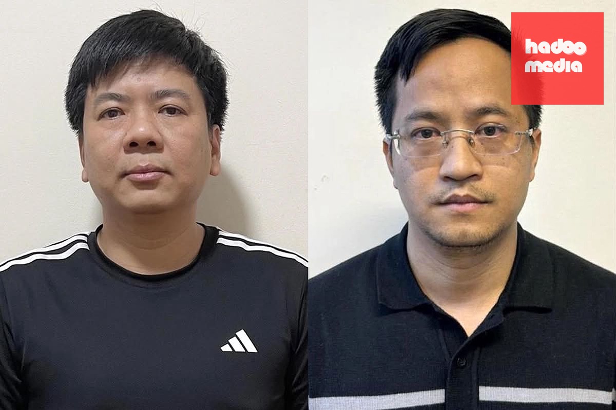 Ông Nguyễn Ngọc Thủy (trái) và bị can Đặng Văn Hiển tại cơ quan điều tra - Ảnh: Bộ Công an