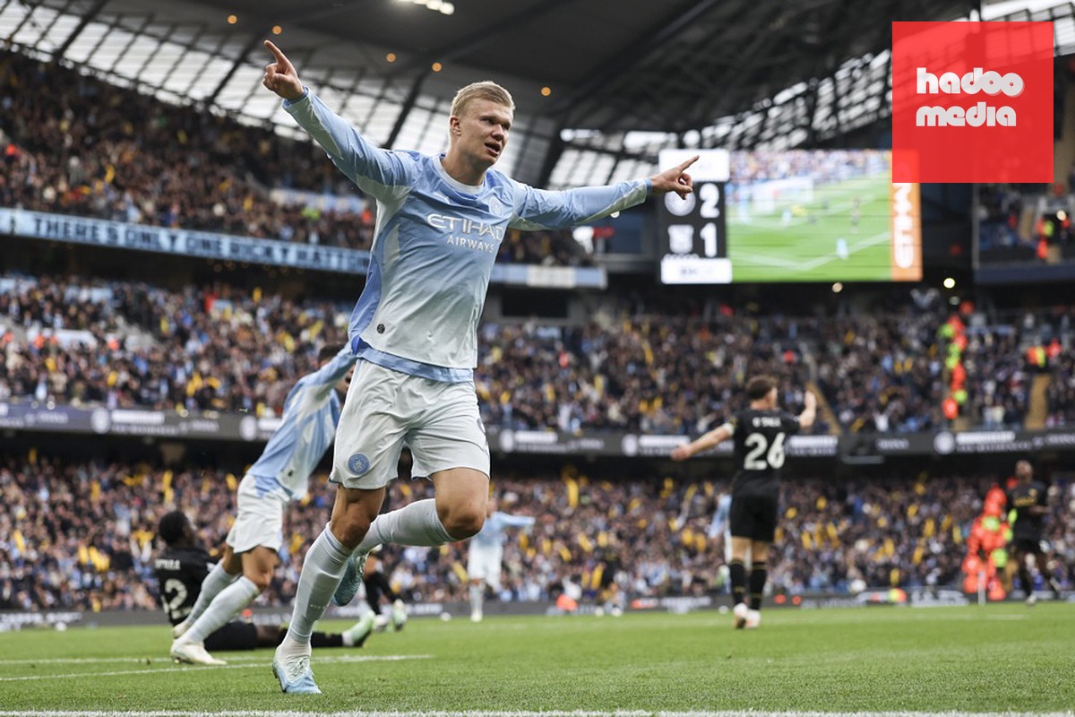 Cú đúp vào lưới Ipswich giúp Erling Haaland củng cố vị trí dẫn đầu cuộc đua Vua phá lưới Ngoại hạng Anh với 8 bàn chỉ sau 7 vòng đấu. Ảnh: EPA.