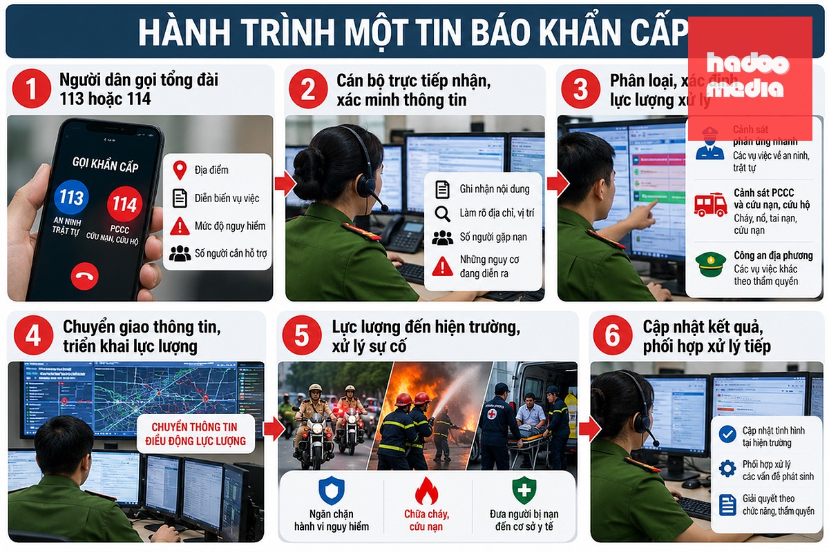 Quy trình tiếp nhận, chuyển tin và điều phối lực lượng xử lý sự cố khẩn cấp tại Trung tâm chỉ huy thuộc Công an TP HCM. Ảnh: Phạm Hải (sử dụng AI)