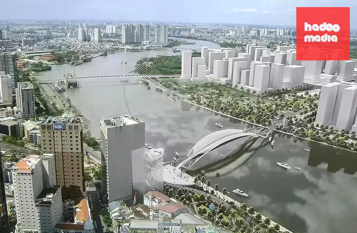 Hợp long cầu đi bộ hình lá dừa qua sông Sài Gòn nối Bến Bạch Đằng và Thủ Thiêm