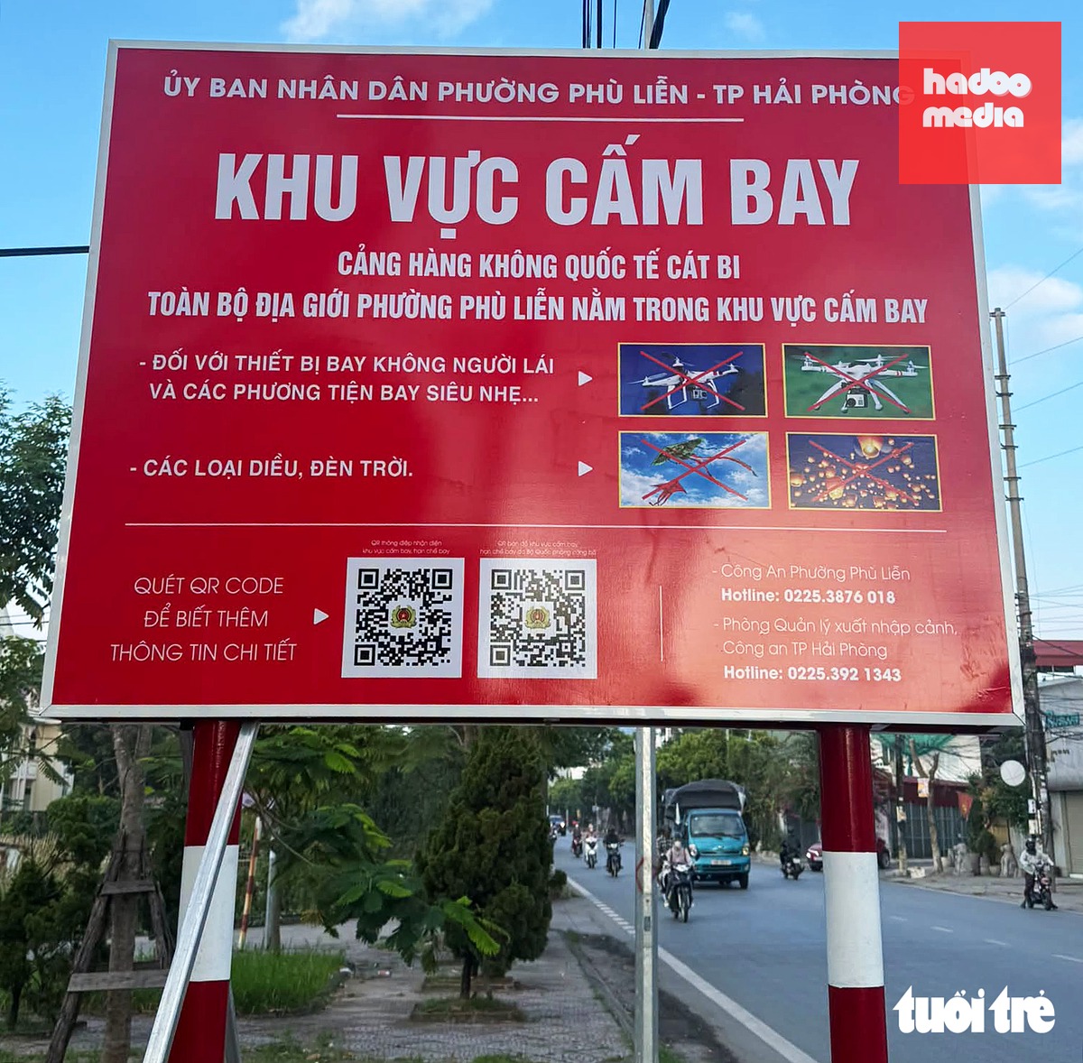 UBND phường Phù Liễn, TP Hải Phòng lập bảng thông báo vùng cấm bay liên quan việc đảm bảo an toàn hoạt động của Sân bay quốc tế Cát Bi - Ảnh: T. THẮNG