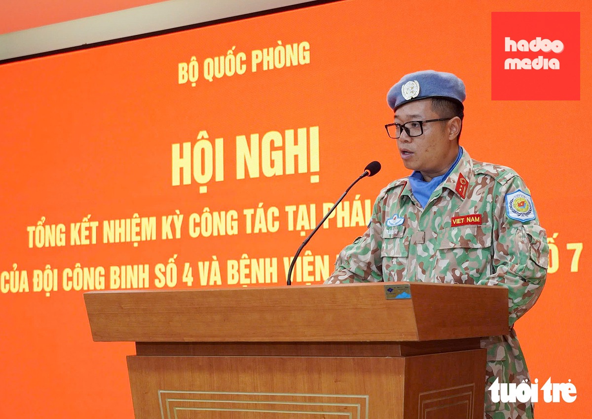 Trung tá Trần Đức Tài - Giám đốc BVDC2.7 phát biểu tại hội nghị - Ảnh: H.K