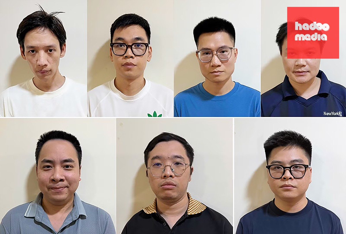 Các bị can: Nguyễn Đình Minh Khoa, Nguyễn Trung Anh, Nguyễn Đình Xuân, Nguyễn Hoàng Thanh (hàng trên, từ trái qua) và Nguyễn Phước Toàn, Doãn Thành Luân, Nguyễn Khương Duy (hàng dưới, từ trái qua) - Ảnh: CA